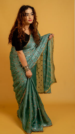 Teal Green Embroidered Saree with Golden Zari Border  Party & Festive Wear