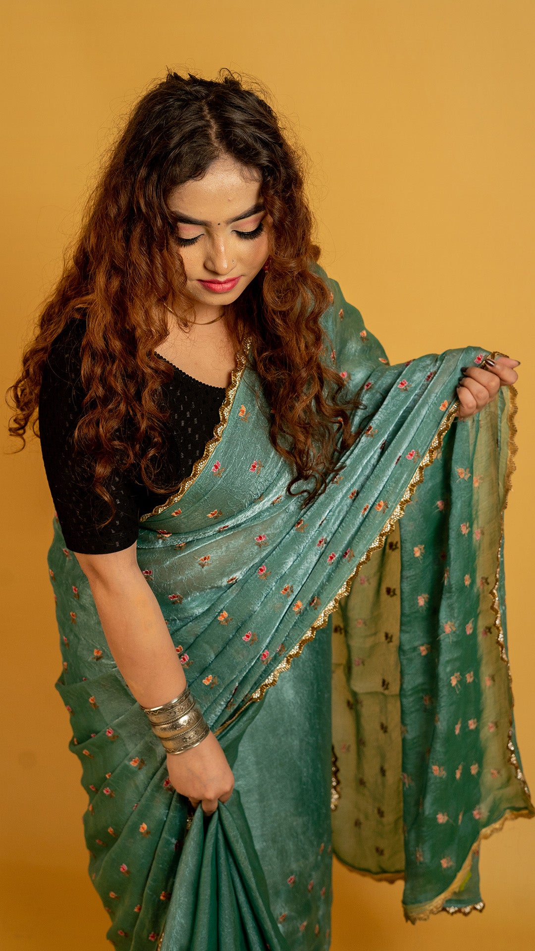 Teal Green Embroidered Saree with Golden Zari Border  Party & Festive Wear