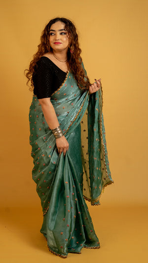 Teal Green Embroidered Saree with Golden Zari Border  Party & Festive Wear