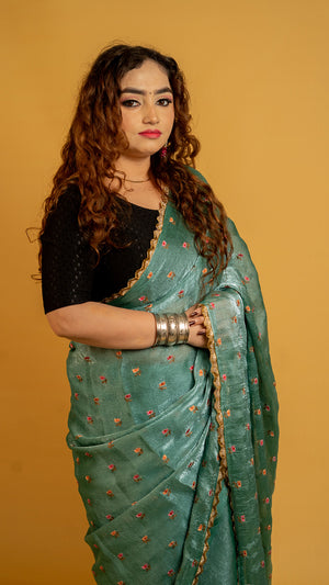 Teal Green Embroidered Saree with Golden Zari Border  Party & Festive Wear