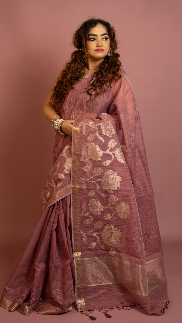 Dusty rose saree with floral zari design and golden border lightweight festive saree