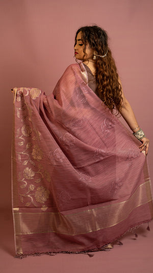Dusty rose saree with floral zari design and golden border lightweight festive saree
