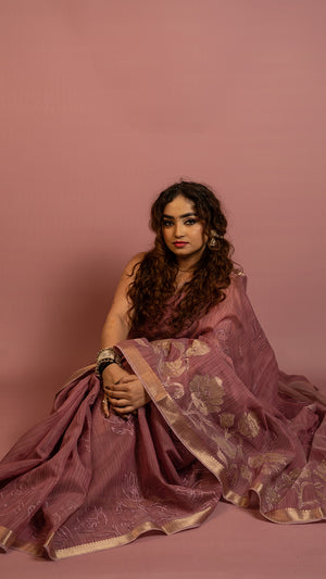 Dusty rose saree with floral zari design and golden border lightweight festive saree