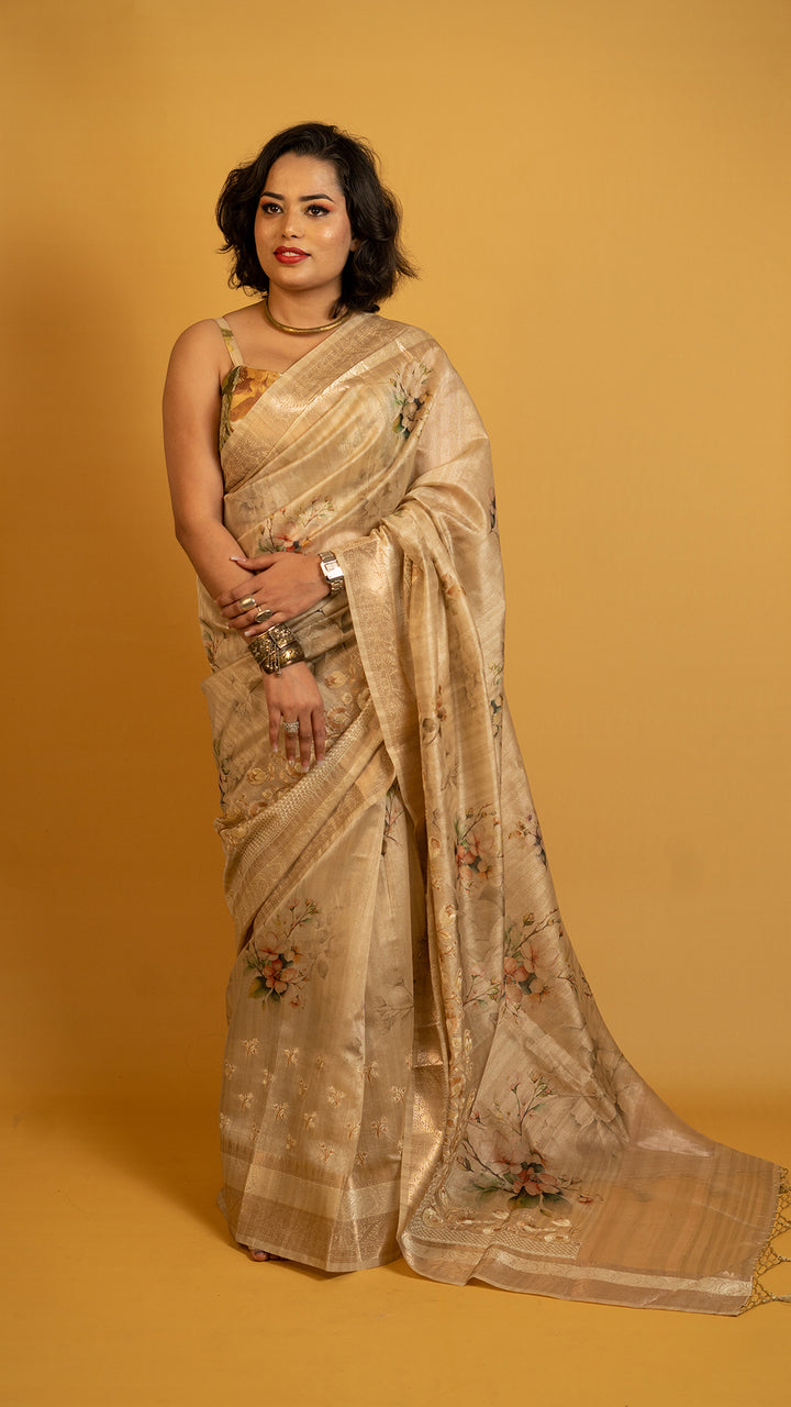 Golden saree with floral print and zari border lightweight designer festive saree