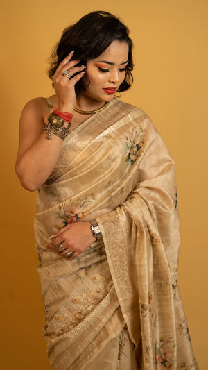 Golden saree with floral print and zari border lightweight designer festive saree