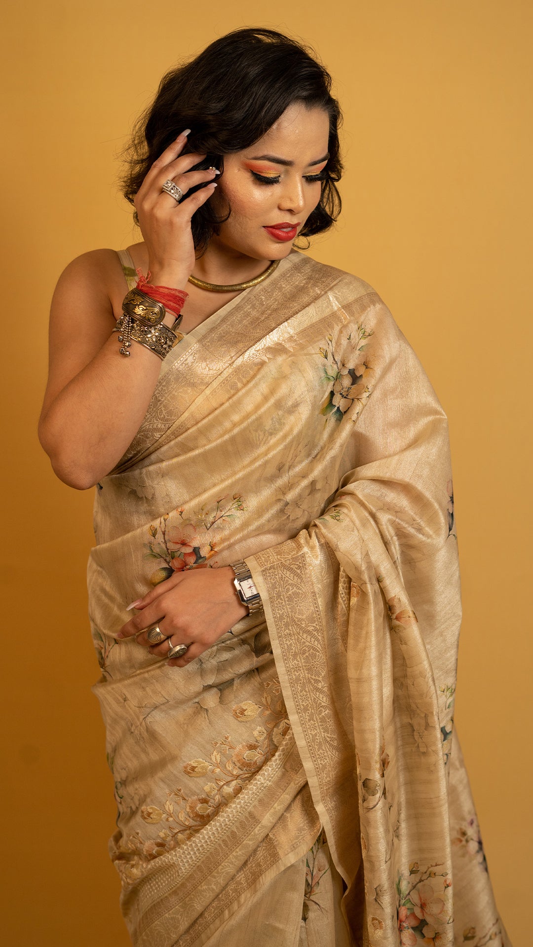 Golden saree with floral print and zari border lightweight designer festive saree