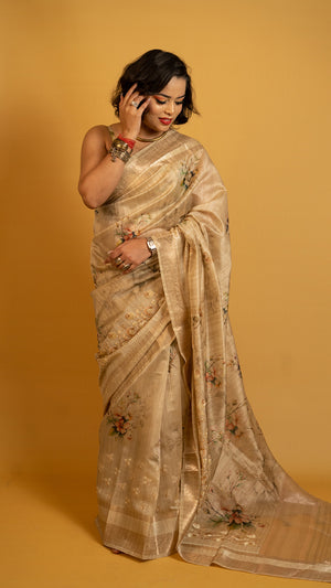 Golden saree with floral print and zari border lightweight designer festive saree