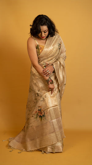 Golden saree with floral print and zari border lightweight designer festive saree
