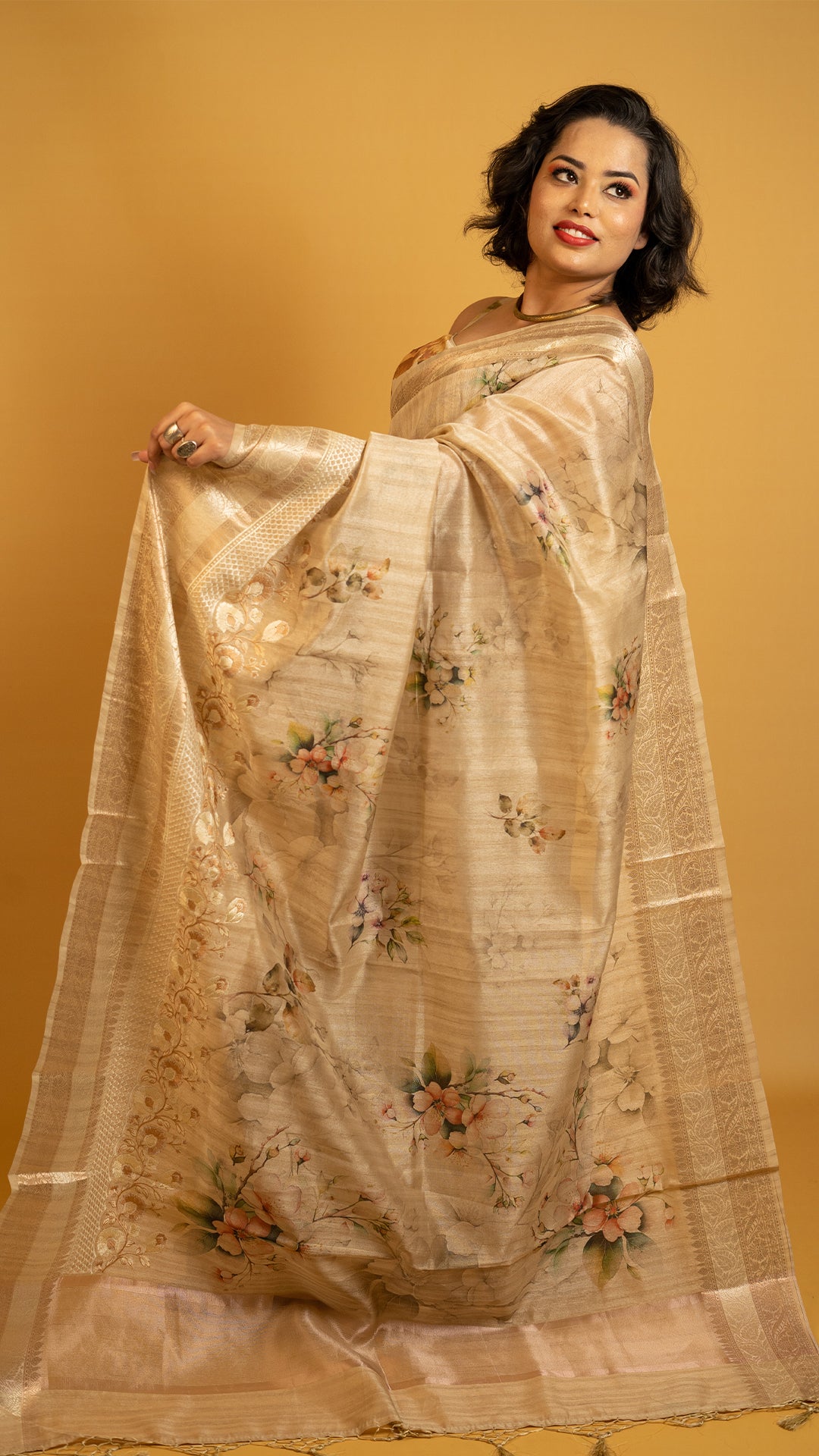Golden saree with floral print and zari border lightweight designer festive saree