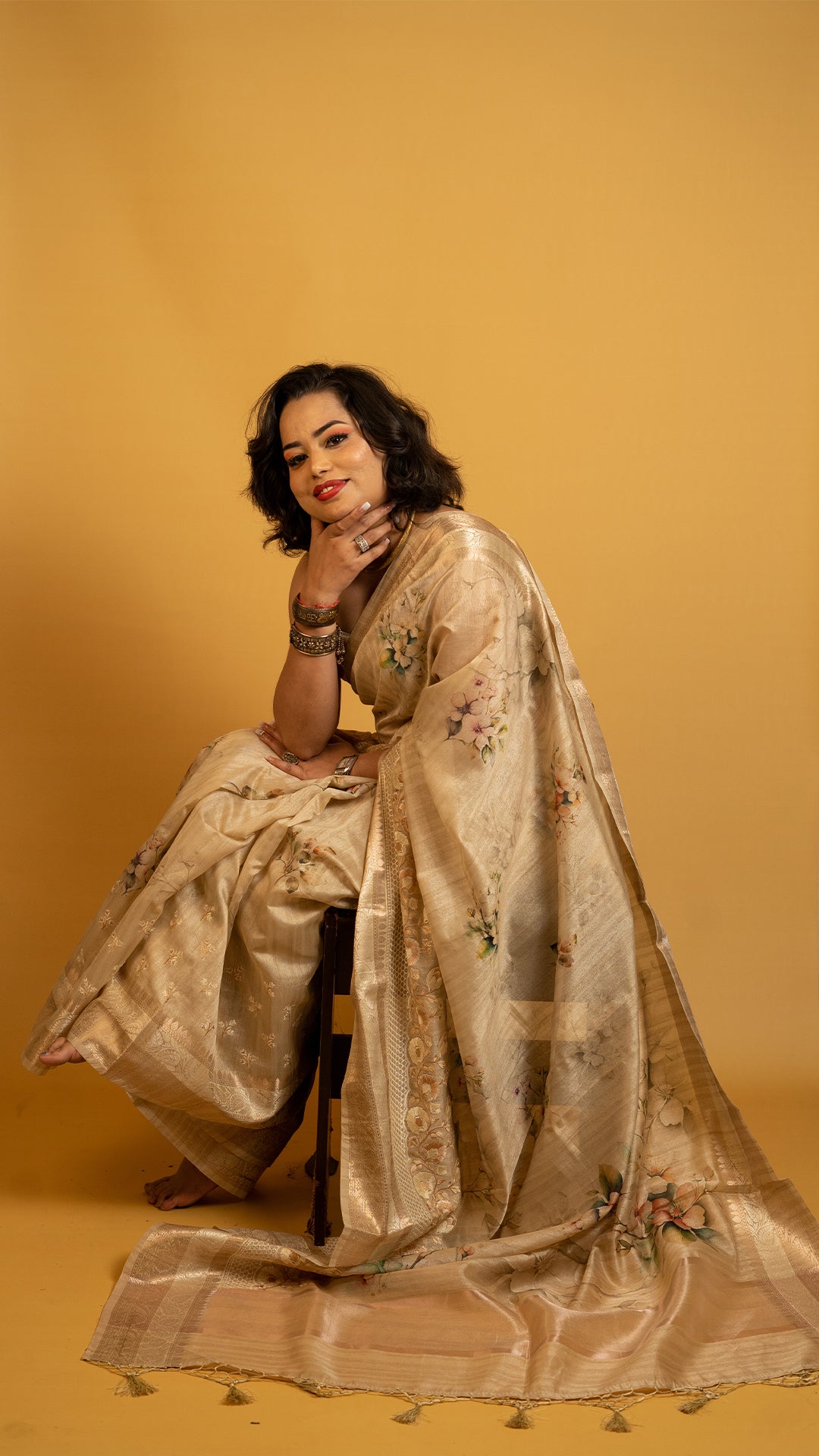 Golden saree with floral print and zari border lightweight designer festive saree