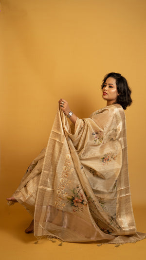 Golden saree with floral print and zari border lightweight designer festive saree