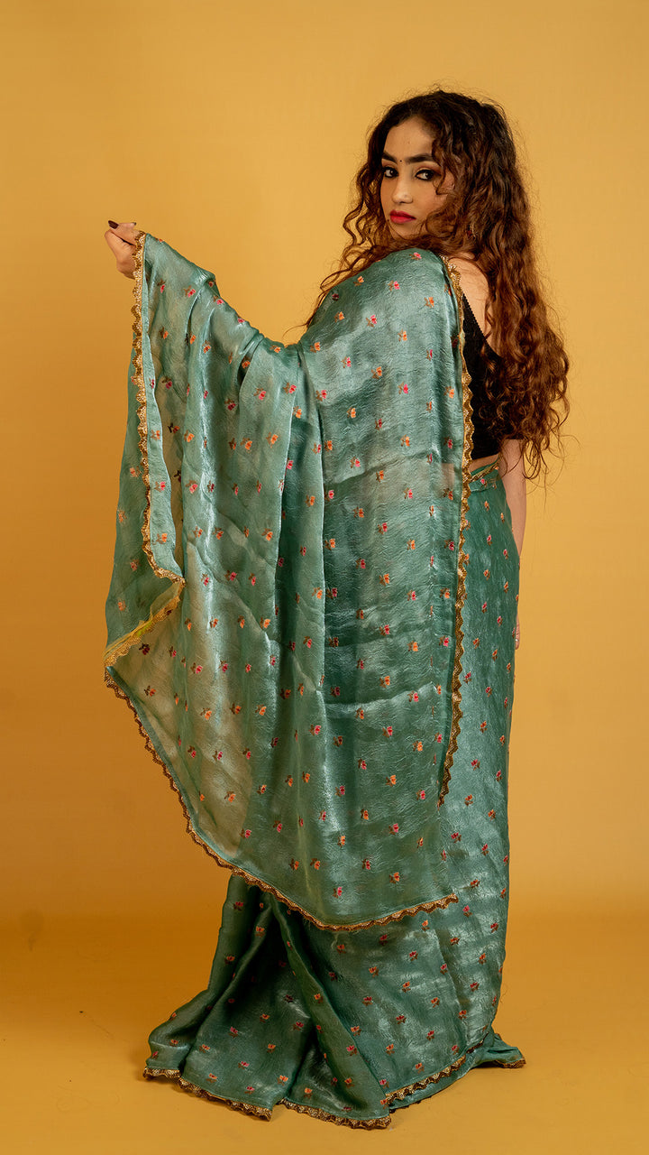 Teal Green Embroidered Saree with Golden Zari Border | Party & Festive Wear