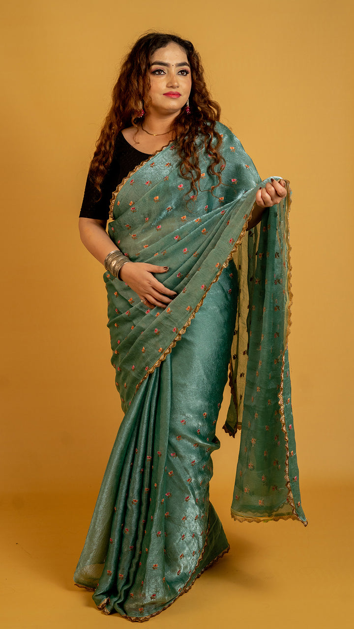 Teal Green Embroidered Saree with Golden Zari Border | Party & Festive Wear