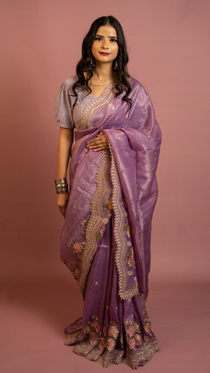Lavender saree with floral embroidery and zari border lightweight designer festive saree