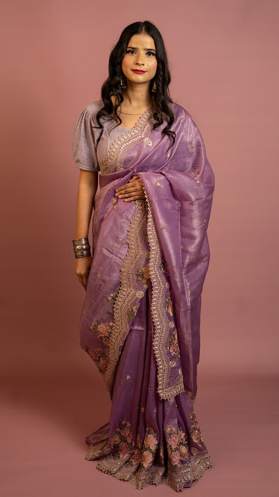 Lavender saree with floral embroidery and zari border lightweight designer festive saree