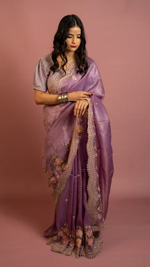 Lavender saree with floral embroidery and zari border lightweight designer festive saree