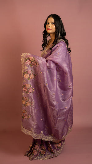 Lavender saree with floral embroidery and zari border lightweight designer festive saree