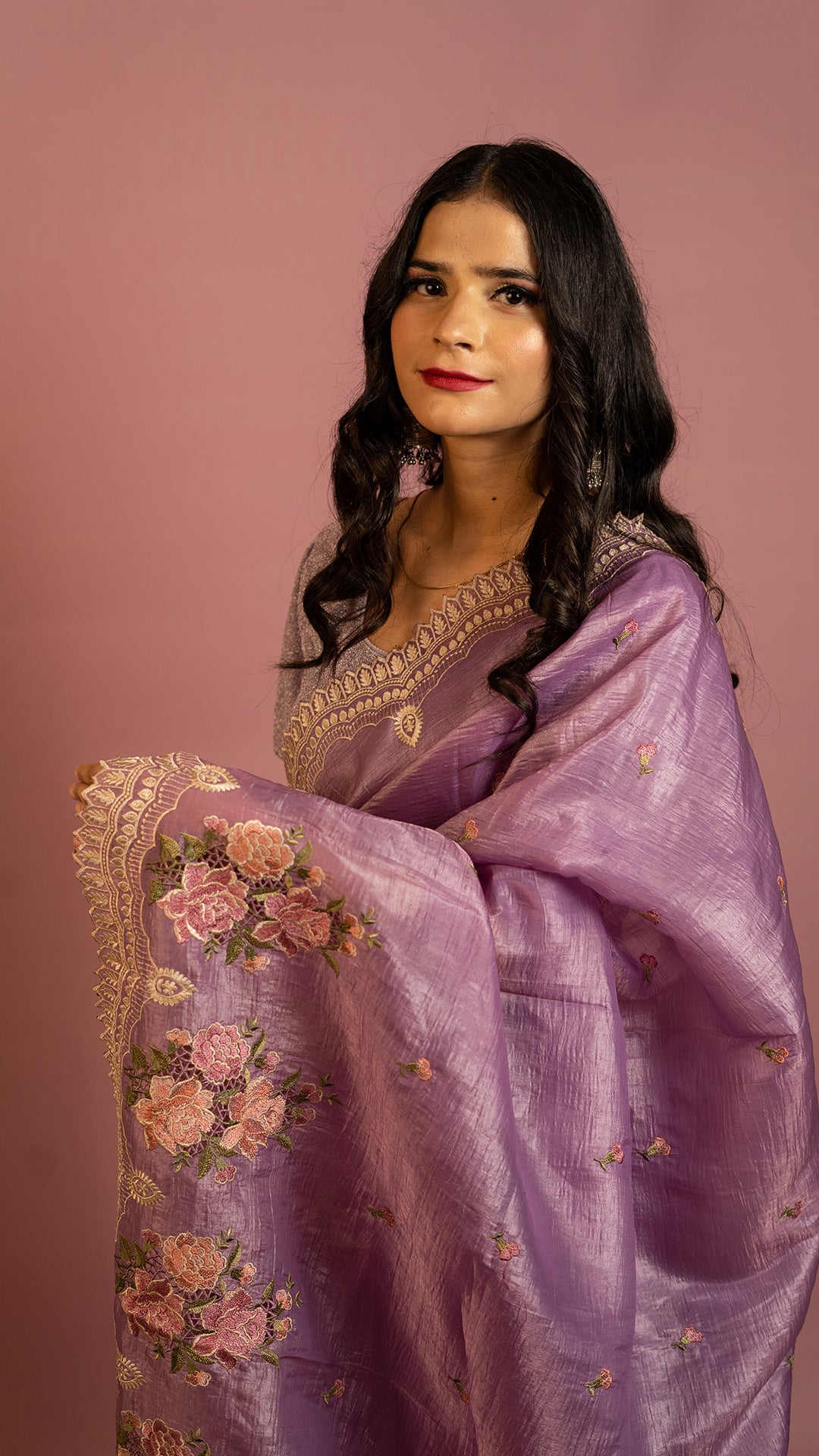 Lavender saree with floral embroidery and zari border lightweight designer festive saree