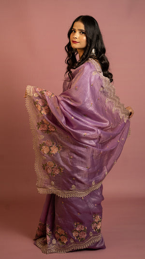 Lavender saree with floral embroidery and zari border lightweight designer festive saree