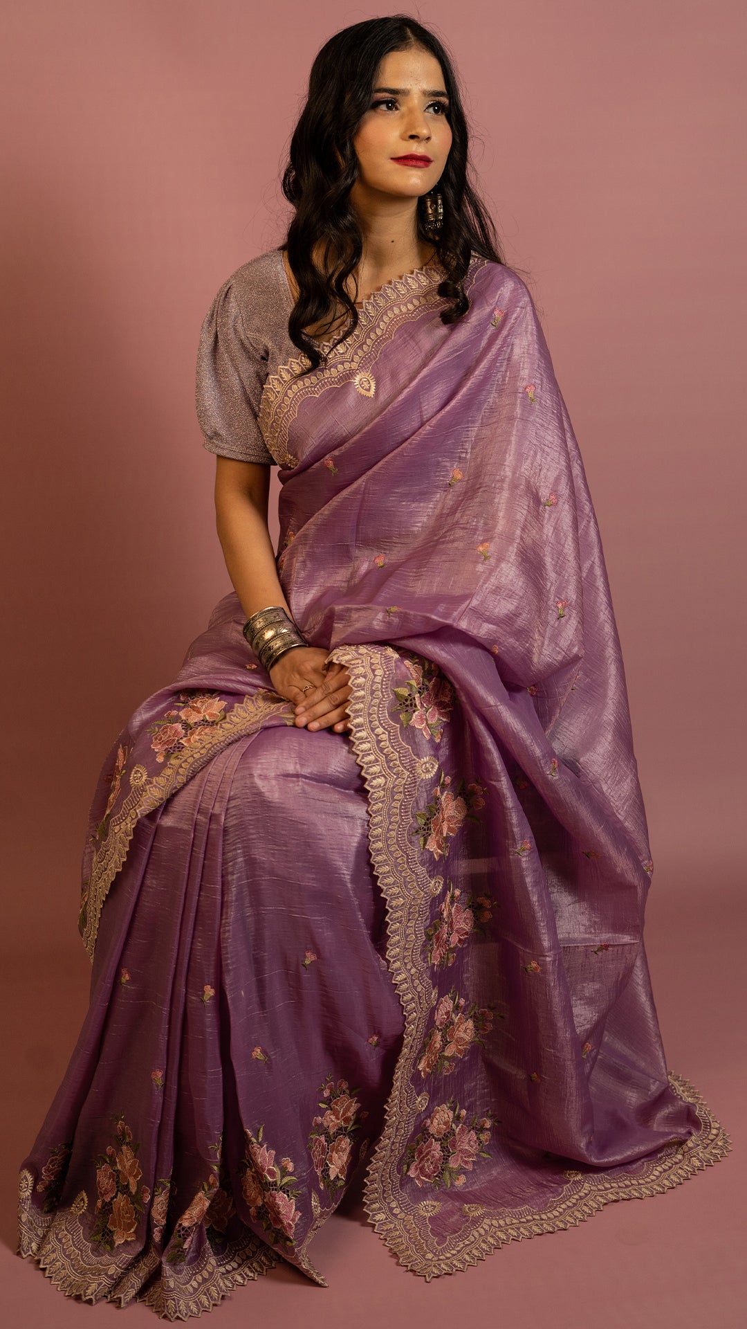 Lavender saree with floral embroidery and zari border lightweight designer festive saree