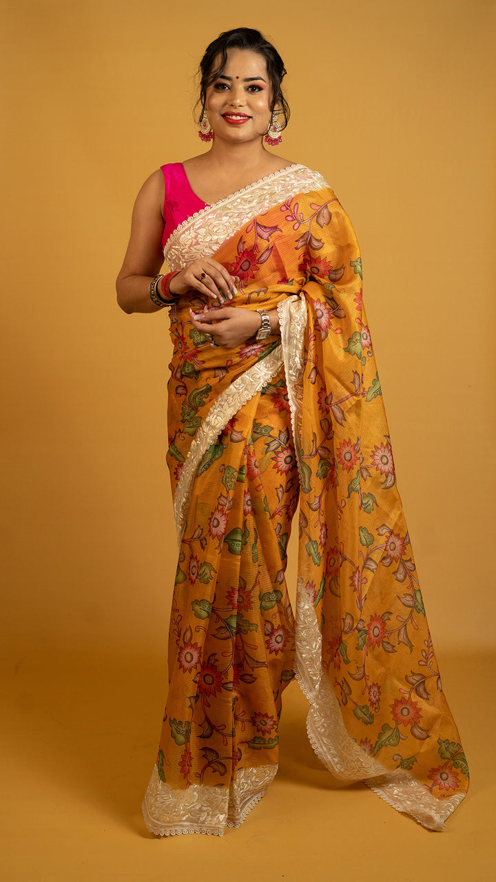 Mustard floral printed Kota tissue saree with lace border, lightweight and breathable saree for daily and festive wear