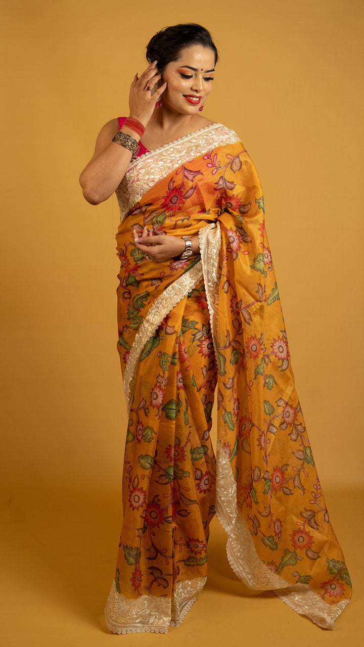 Mustard floral printed Kota tissue saree with lace border, lightweight and breathable saree for daily and festive wear