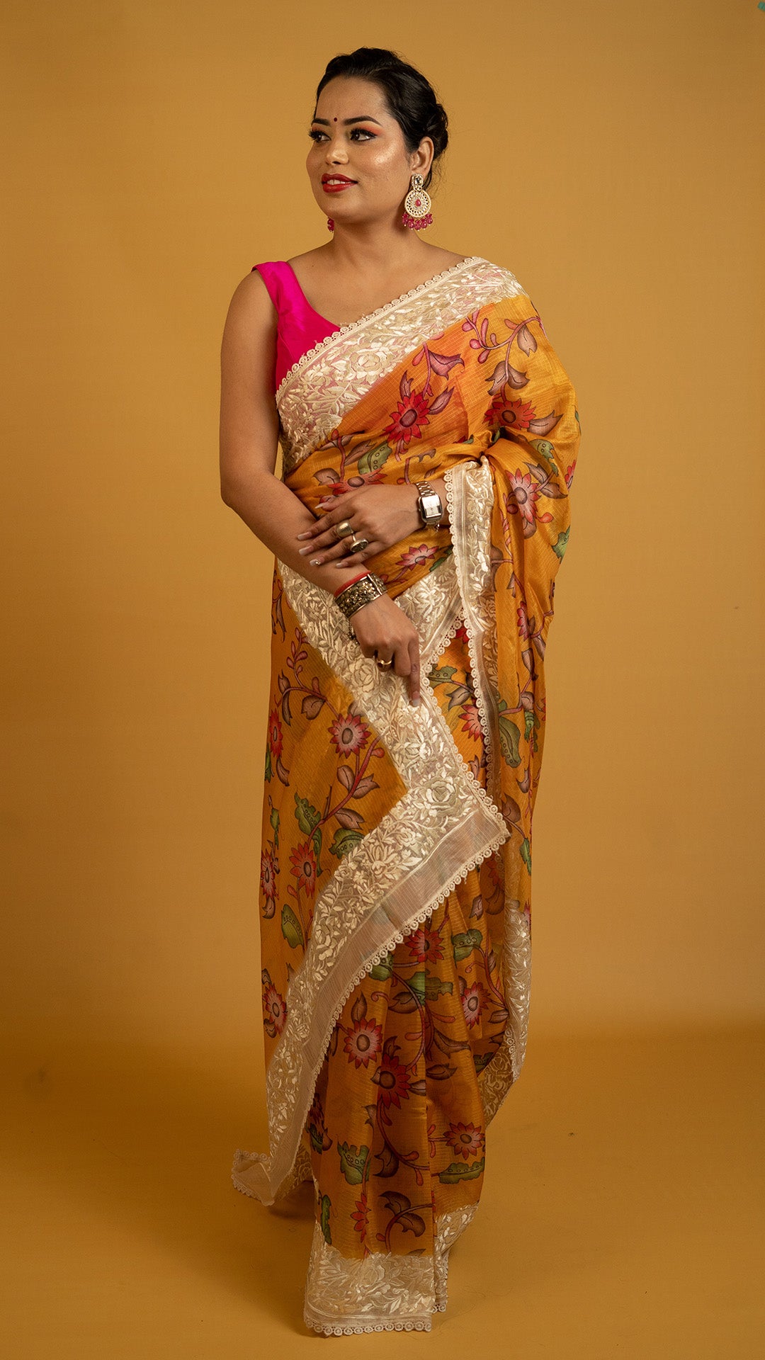 Mustard floral printed Kota tissue saree with lace border, lightweight and breathable saree for daily and festive wear