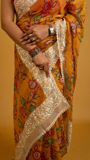 Mustard floral printed Kota tissue saree with lace border, lightweight and breathable saree for daily and festive wear