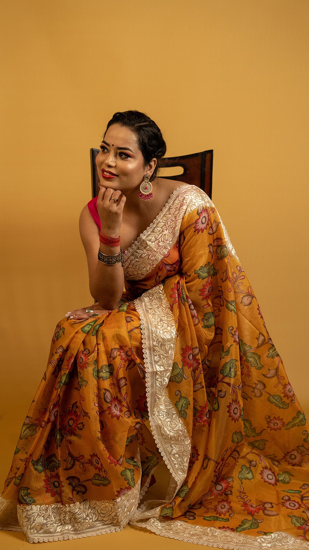 Mustard floral printed Kota tissue saree with lace border, lightweight and breathable saree for daily and festive wear