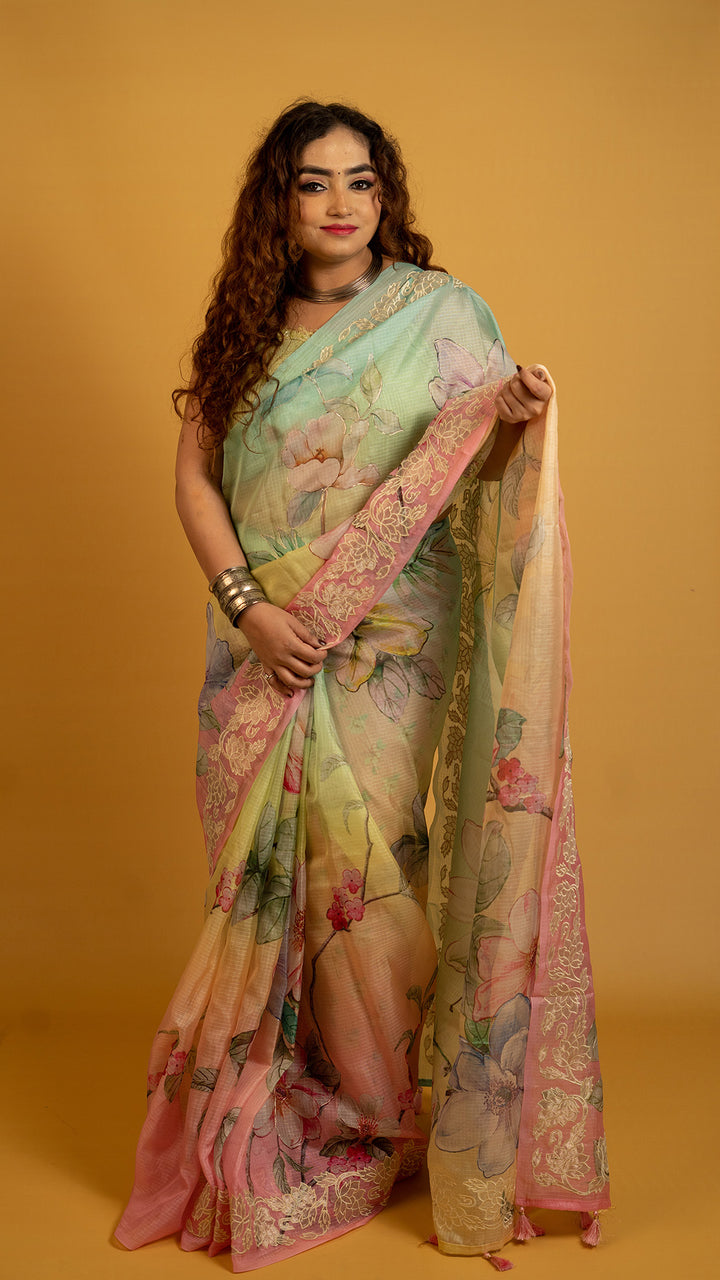 Pastel multicolor floral printed organza saree with lace border for festive and party wear