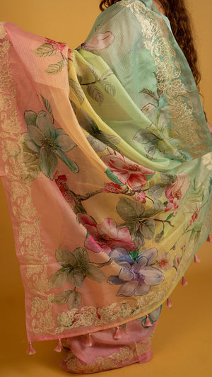 Pastel multicolor floral printed organza saree with lace border for festive and party wear