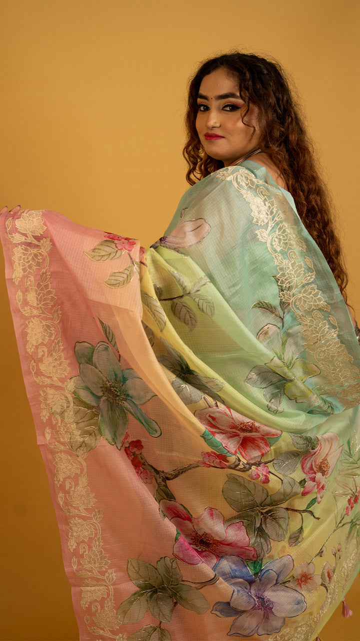 Pastel multicolor floral printed organza saree with lace border for festive and party wear