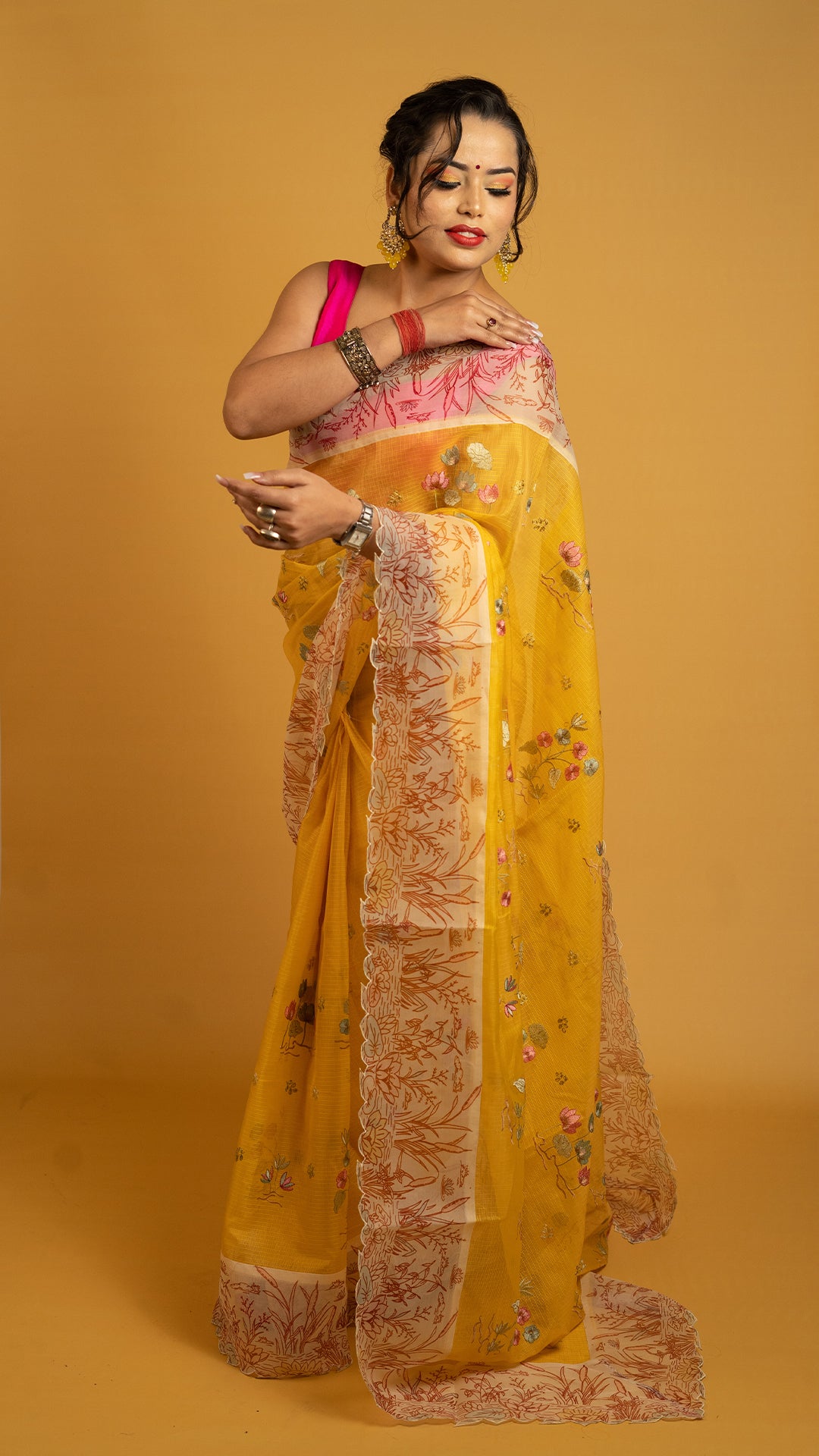 Sunshine Yellow Floral Embroidered Saree with Designer Border | Haldi & Festive Wear Saree