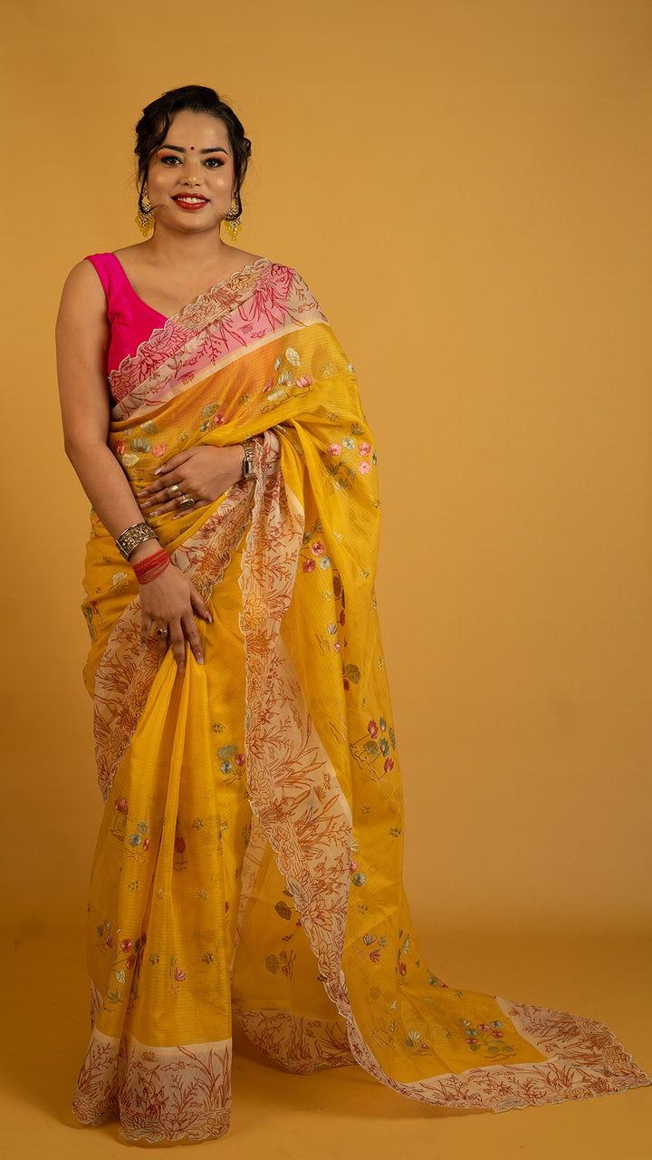 Sunshine Yellow Floral Embroidered Saree with Designer Border | Haldi & Festive Wear Saree