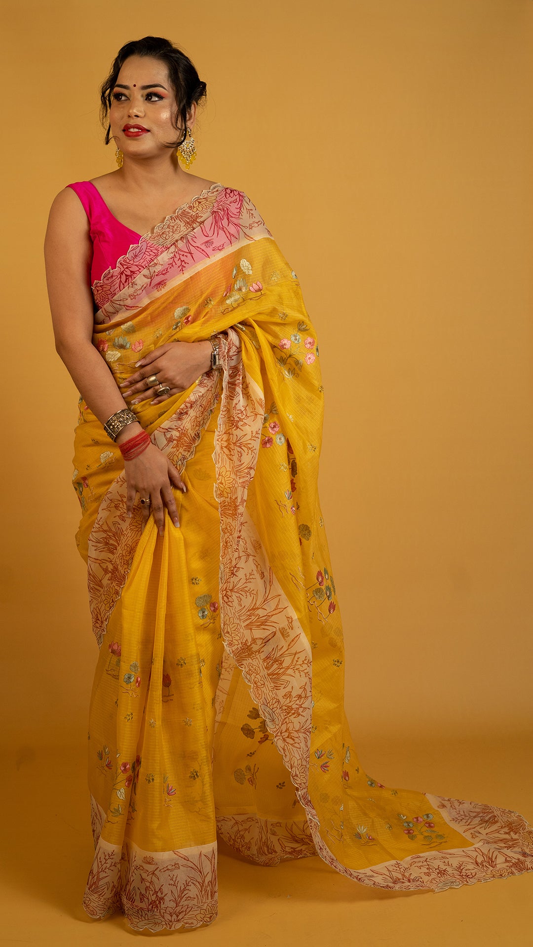 Sunshine Yellow Floral Embroidered Saree with Designer Border | Haldi & Festive Wear Saree