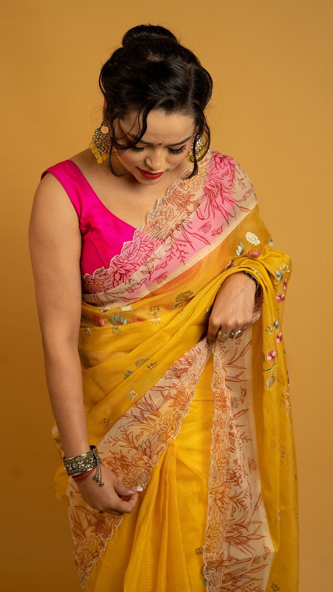 Sunshine Yellow Floral Embroidered Saree with Designer Border | Haldi & Festive Wear Saree