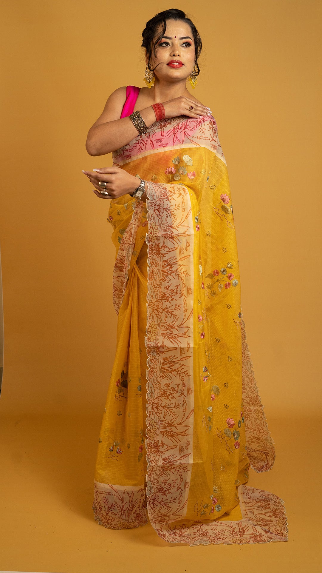 Sunshine Yellow Floral Embroidered Saree with Designer Border | Haldi & Festive Wear Saree