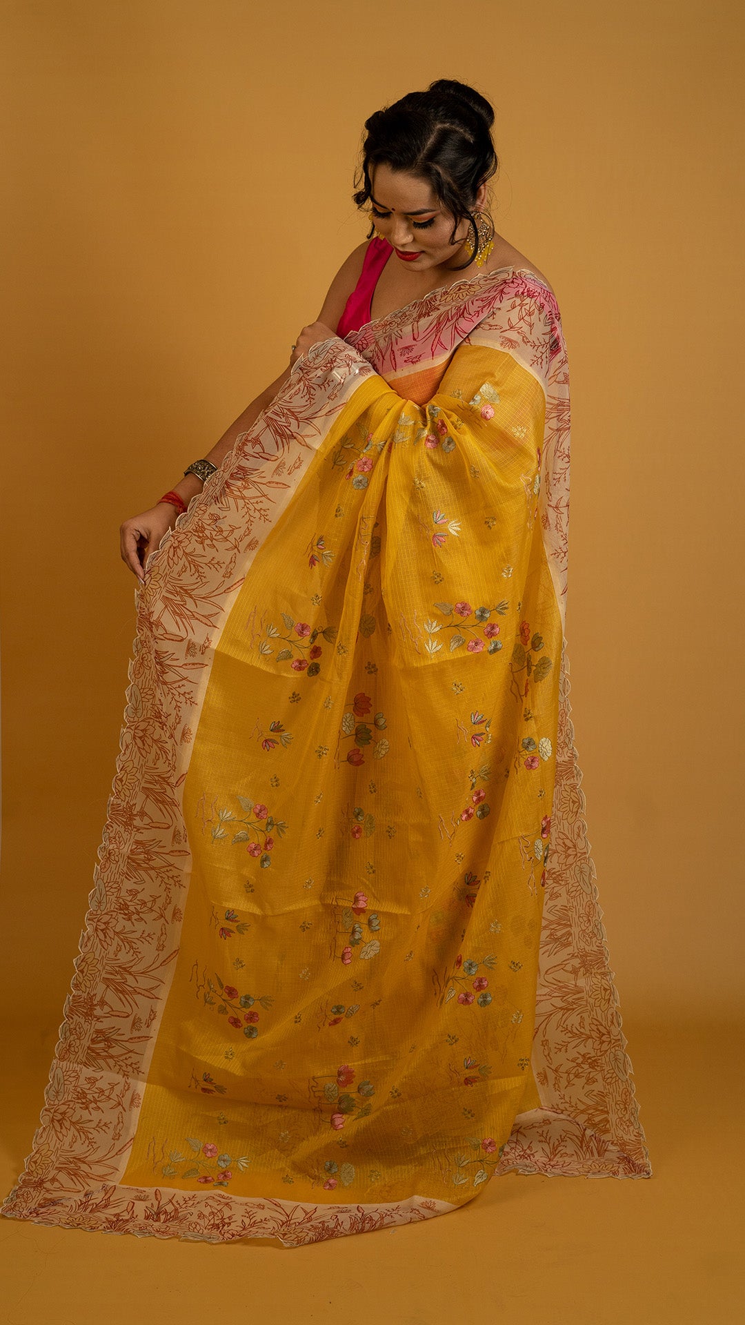 Sunshine Yellow Floral Embroidered Saree with Designer Border | Haldi & Festive Wear Saree