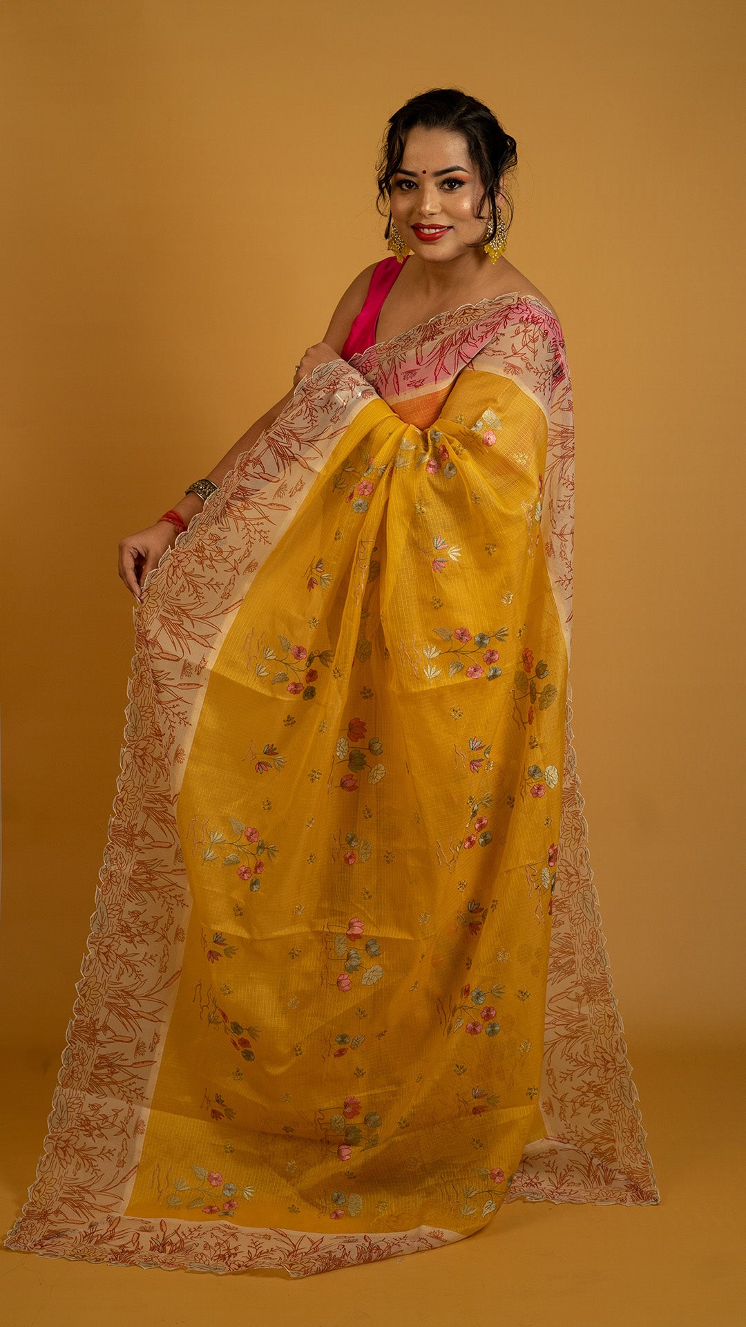 Sunshine Yellow Floral Embroidered Saree with Designer Border | Haldi & Festive Wear Saree